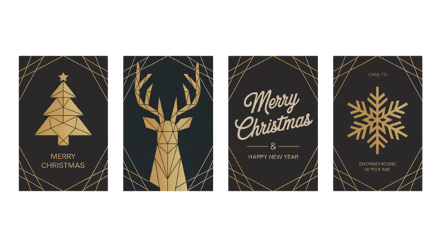 Elegant Merry Christmas and Happy New Year greeting cards with golden festive cheer