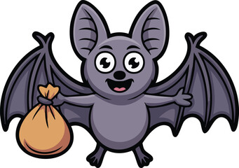 A funny cartoon bat and cute kitten with a happy smile is a black vector illustration of a sweet animal character for Halloween fun