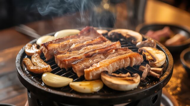 Sizzling Korean Barbecue with Pork Belly (Samgyeopsal) on a Tabletop Grill