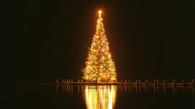 Celebrate Christmas with a stunningly lit tree reflecting beautifully on the lake