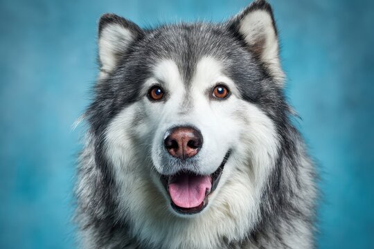 Close-up husky dog portrait looking at the camera with turquoise background