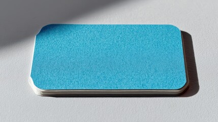 Close-up of a blank blue label on a clean white surface