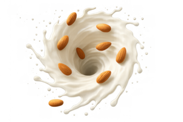 Almond milk splash vortex with almonds spinning in creamy white liquid, healthy vegan beverage ingredient on transparent background