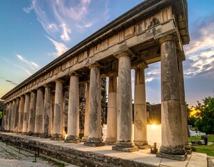 Ancient structure with columns under a beautiful sunset