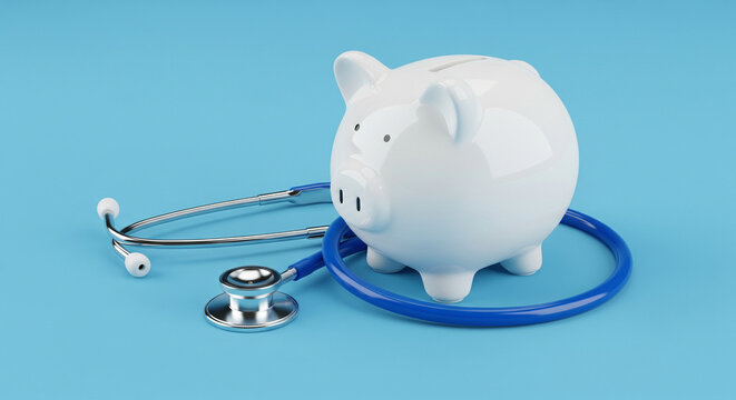 Piggy Bank and Stethoscope on Blue Background, Concept of Healthcare Costs and Medical Savings