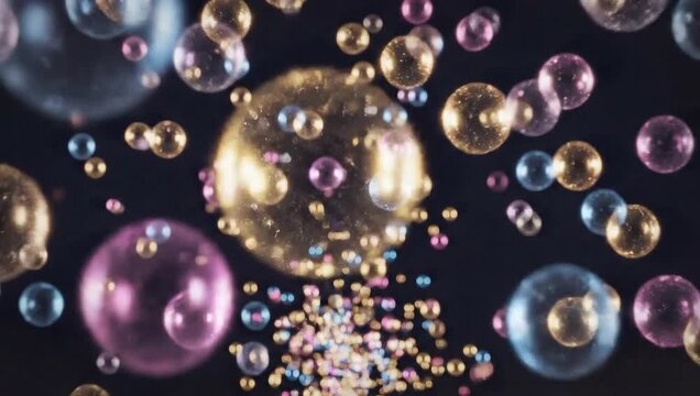 Colorful soap bubbles floating in the air against a dark background, creates a sense of wonder and enchantment
