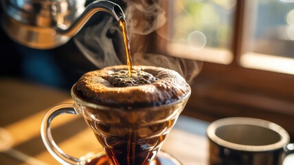 Atmospheric Close-Up of Pour-Over Coffee Brewing Process with Steam in Morning Sunlight