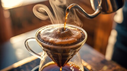 Atmospheric Close-Up of Pour-Over Coffee Brewing Process with Steam in Morning Sunlight