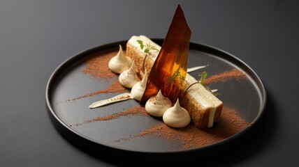 Artistically Plated Gourmet Tiramisu Dessert with Chocolate and Cream on a Dark Background