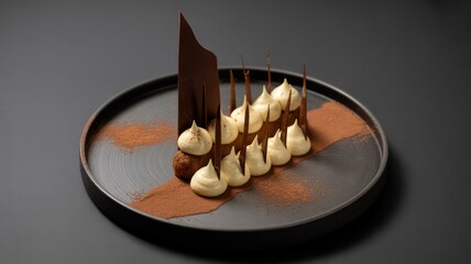 Artistically Plated Gourmet Tiramisu Dessert with Chocolate and Cream on a Dark Background