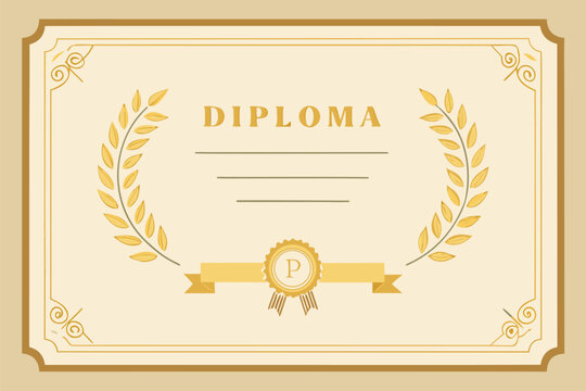 Formal diploma certificate design featuring gold laurel wreath, decorative border, and central seal. Perfect for graduation, academic awards, recognition, education materials, catalogs, and prints.