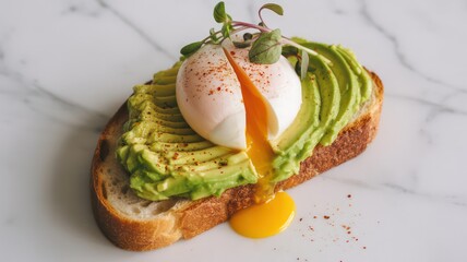 Gourmet Avocado Toast with a Runny Poached Egg and Dripping Yolk on Sourdough Bread