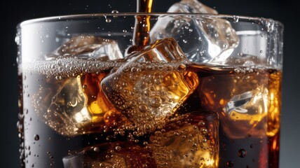 Dynamic Close-Up of Refreshing Cola Pouring Over Ice Cubes in a Glass with Fizzing Bubbles