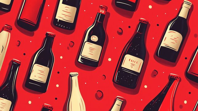 Vector illustration of a pattern of bottles on a red background in retro style