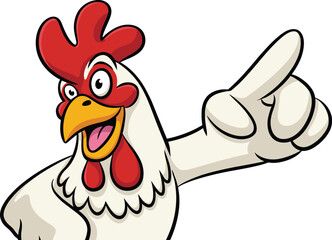 Funny cartoon rooster illustration pointing and smiling confidently, cheerful farm animal mascot with bright red comb and yellow beak expression