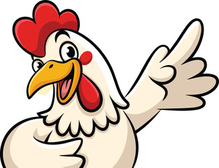 Funny cartoon rooster illustration pointing and smiling confidently, cheerful farm animal mascot with bright red comb and yellow beak expression