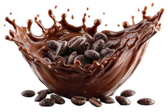 Coffee beans splashing into chocolate on transparent background - Powered by Adobe