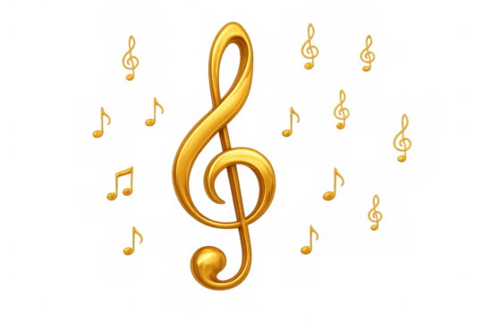 Golden treble clef and musical notes floating, creating harmony and rhythm, transparent background illustration