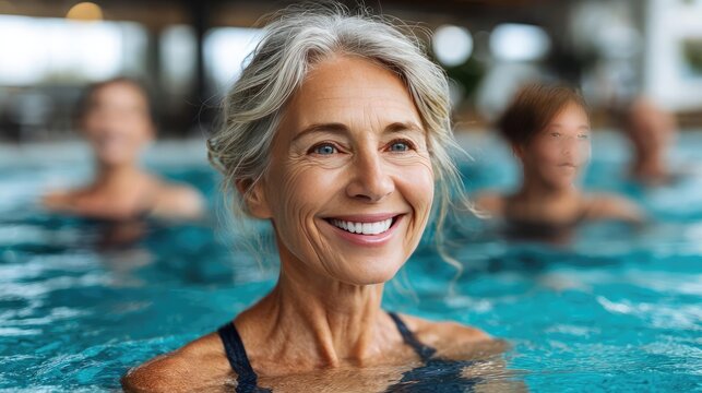 Senior women enjoying group swimming class in pool concept. Cheerful woman enjoying aquatic exercise in a tranquil pool.