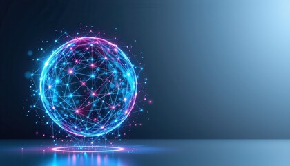 Abstract Digital Sphere with Connected Lines and Dots in Bright Colors on Dark Background for Technology Themes