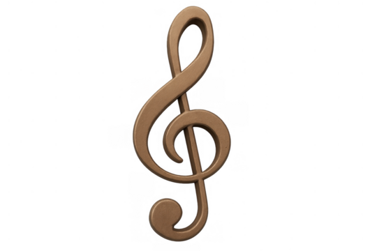 Standing gold treble clef symbol representing music, sound, melody, and artistic composition on a transparent background