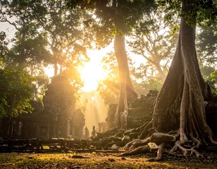 Ancient temple ruins nestled in a lush, sun-dappled forest scene