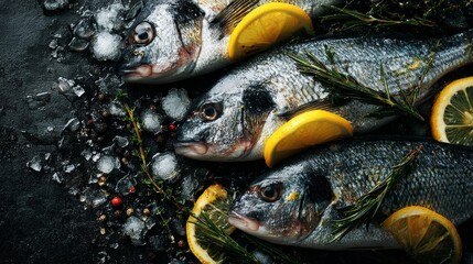 Top view of multiple fresh whole fish with herbs and lemon slices on dark stone surface, moisture and ice texture visible, professional food styling, 8k realistic detail, copy space