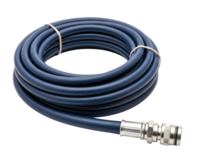 Coiled blue hose with metal fitting transparent background cutout png