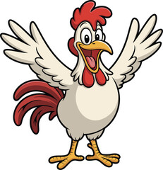 Happy cartoon rooster illustration with open wings, cheerful farm animal character design showing excitement, fun, and friendly expression