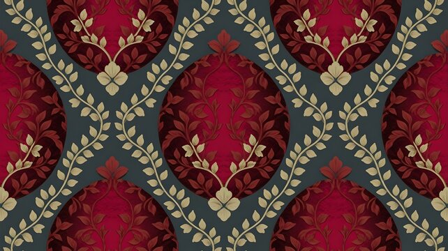 Intricate damask floral pattern with rich burgundy red and muted gold accents on a deep red background