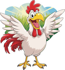 Happy cartoon rooster illustration with open wings, cheerful farm animal character design showing excitement, fun, and friendly expression
