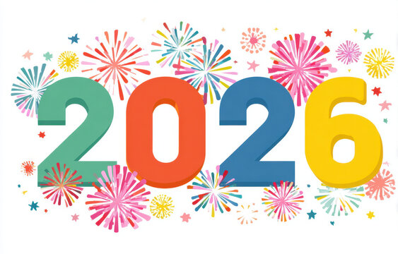 Celebrate arrival of 2026 with vibrant colors and festive fireworks, creating joyful atmosphere for new year. This colorful design captures excitement and anticipation of fresh beginnings