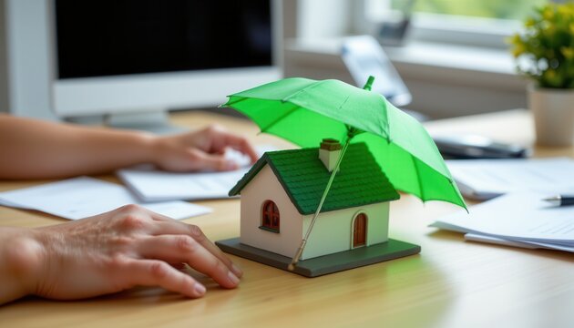 Small model house under green umbrella on desk with documents and computer representing home insurance and protection