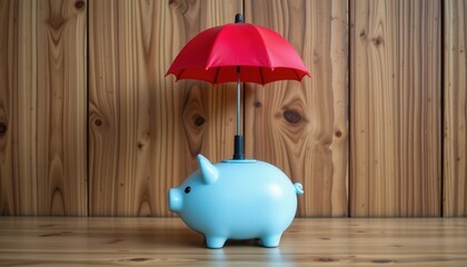 Cute blue piggy bank with a red umbrella on wooden surface for savings and financial protection concept
