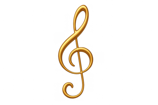 Golden treble clef musical symbol representing harmony, melody, and rhythm, ideal for classical music concepts on transparent background