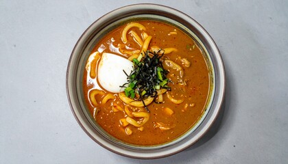 Top View Of A Bowl Of Japanese Curry Udon, A Traditional Noodle Dish