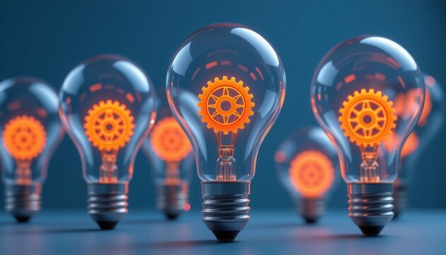 Creative concept of innovation and ideas represented by glowing light bulbs with gears inside against a blue background - Powered by Adobe