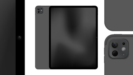 Modern Black Tablet Computer Mockup Front and Back View with Camera – Realistic Digital Device Design for Technology, App Presentation, and Product Display Banner. Vector.