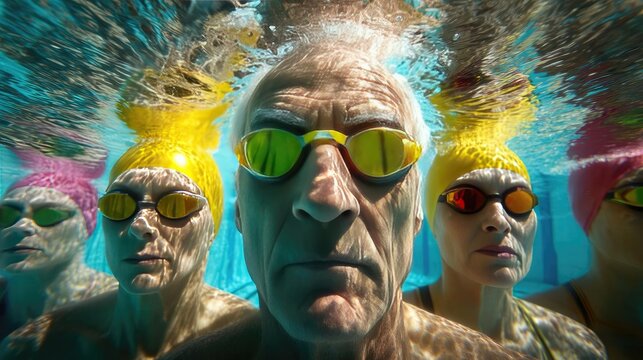 Senior women enjoying group swimming class in pool concept. Competitive swimmers focused and ready for the next race underwater. - Powered by Adobe