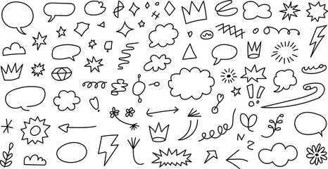 Obraz premium Creative doodle element collection with speech bubbles stars and hand drawn crowns