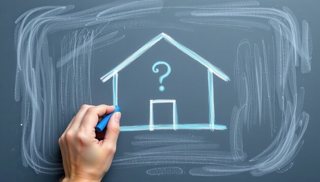 Conceptual Illustration of House Design Process with Unfinished Sketch and Question Mark on Chalkboard Background