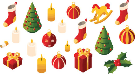 isometric christmas decoration set with gift boxes, candles, ornaments, christmas trees, holly leaves, rocking horse, festive holiday illustration design