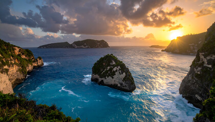  AI-generated image of A stunning coastal scene during sunset featuring rugged cliffs covered in greenery, a prominent rock formation in turquoise waters, and distant islands on the horizon. 