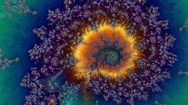 Intricate fractal design with spirals, orange swirls, and delicate patterns
