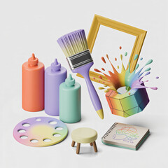 Art studio equipment paint brushes with art palette sketchbook and rainbow paint