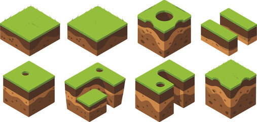isometric grass soil game terrain block set, 3d green land cube tiles, voxel ground landscape elements, nature environment illustration design