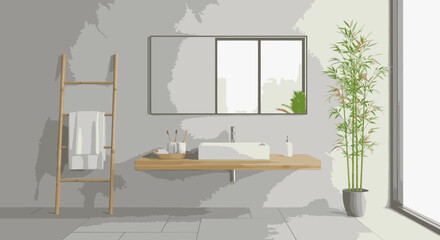A modern minimalist bathroom interior with a wooden vanity, vessel sink, bamboo plant, and ladder towel rack. © Jangkrik