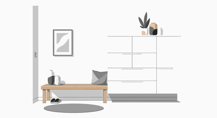 A minimalist and modern entryway with a wooden bench, shelves, and decorative items.