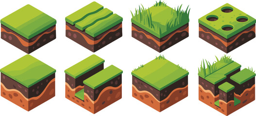 isometric grass soil game terrain block set, 3d green land cube tiles, voxel ground landscape elements, nature environment illustration design