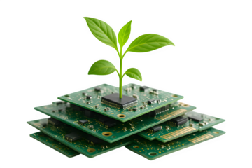 Green Plant Growing from Circuit Boards — Symbol of Green Technology and Sustainable Innovation